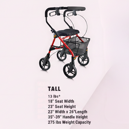 Detailed dimension and sizing chart for the Evolution Piper Series mobility walker in red.