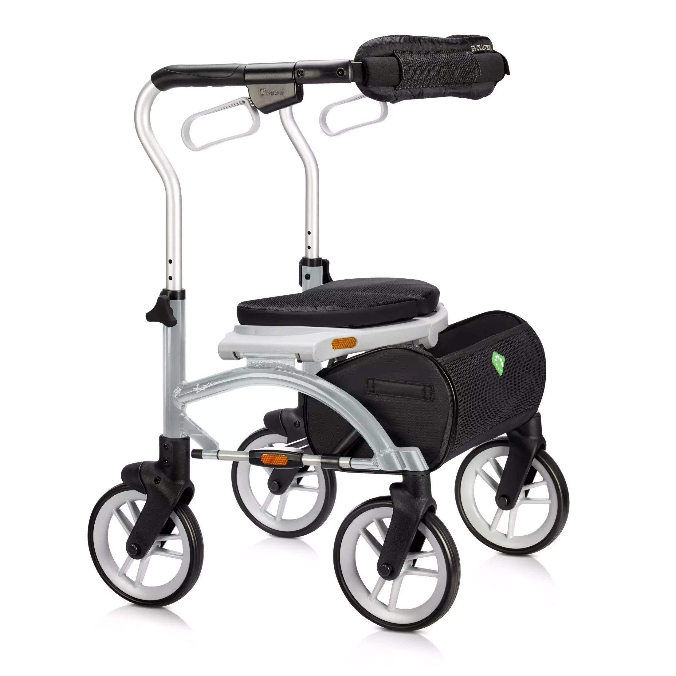 Evolution Xpresso Lite CF cable-free rollator in Silver for stable mobility.