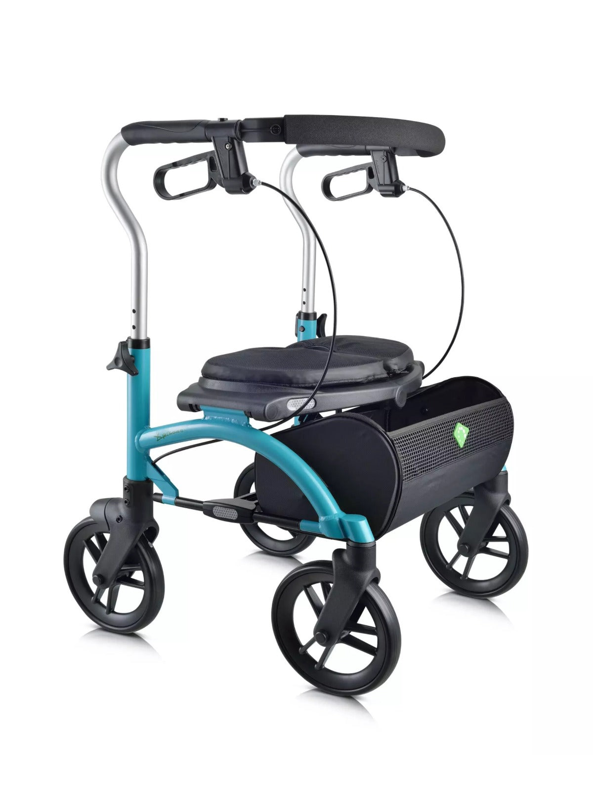 Teal blue Evolution Xpresso Lite 4-wheel rollator walker featuring a padded seat and soft storage basket.