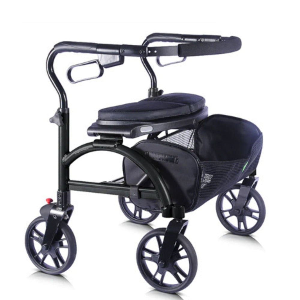 Side angle view of the black Evolution Xpresso Wide heavy-duty bariatric rollator walker.