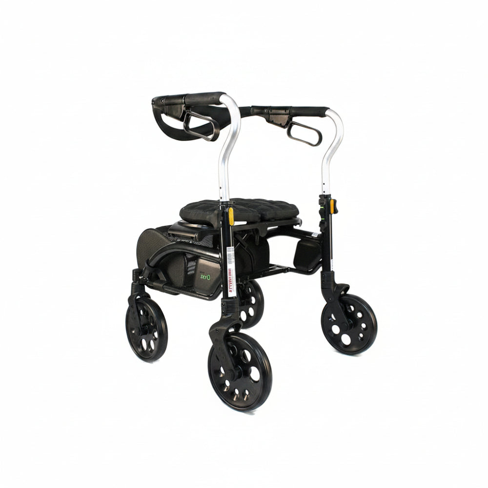 Front left angled view of the black Evolution Xpresso Zero mobility walker built for smooth indoor and outdoor navigation.