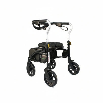 Front left angled view of the black Evolution Xpresso Zero mobility walker built for smooth indoor and outdoor navigation.