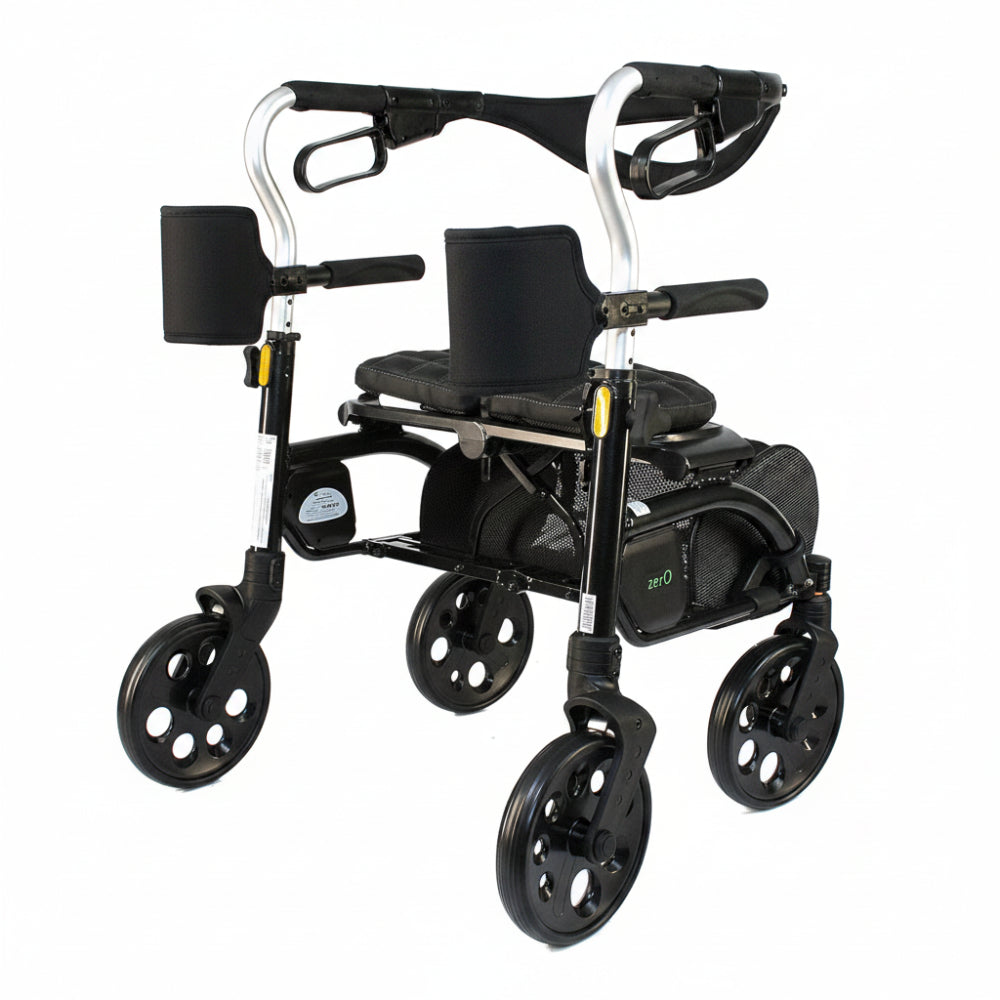 Front right angled view of the Evolution Xpresso Zero rollator equipped with easy-to-use brakes and ergonomic handles.
