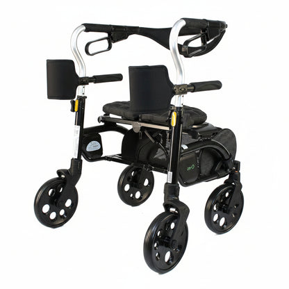 Front right angled view of the Evolution Xpresso Zero rollator equipped with easy-to-use brakes and ergonomic handles.