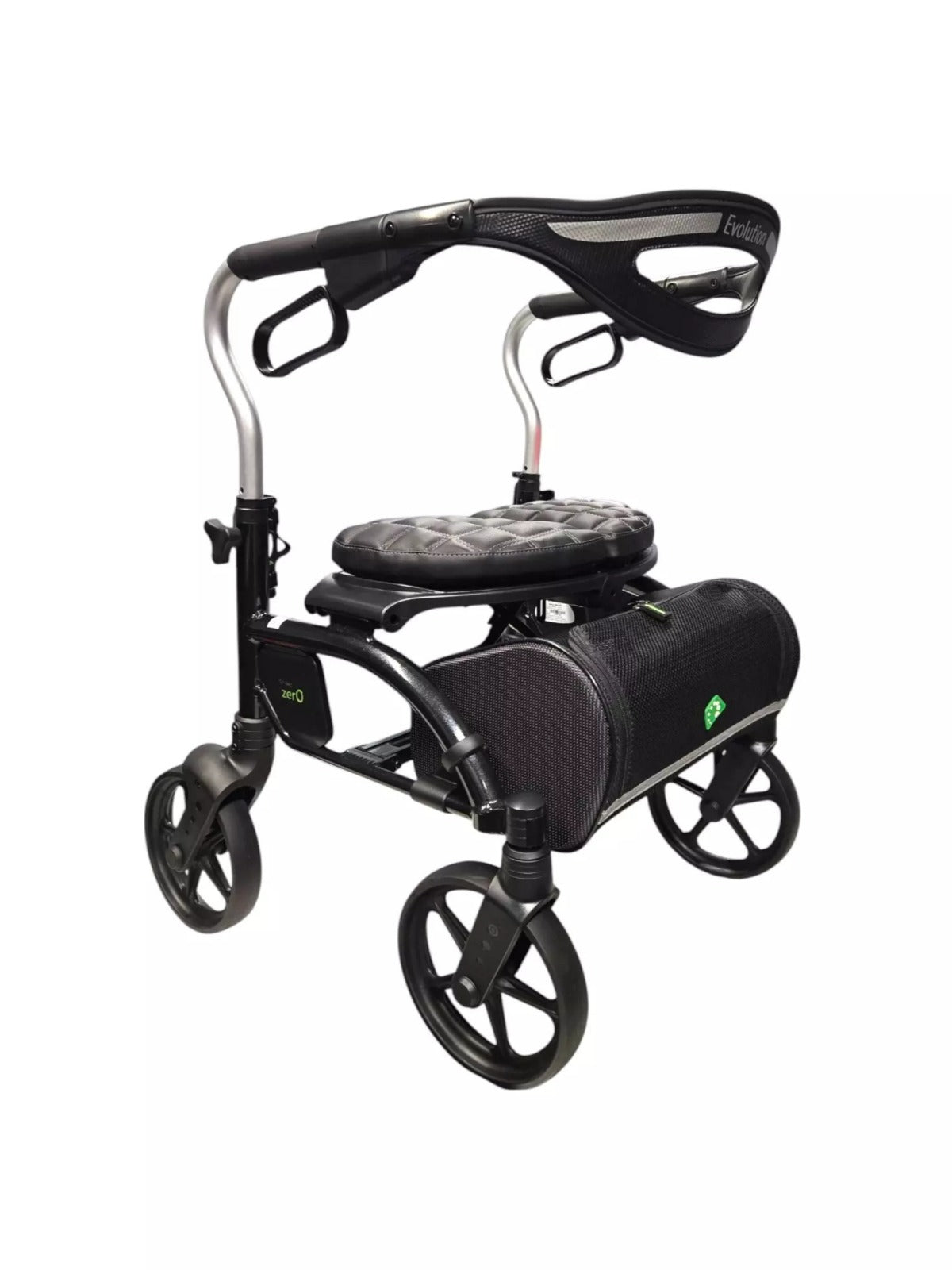 Black Evolution Xpresso Zero rollator featuring a comfortable cushioned seat and wide backrest.