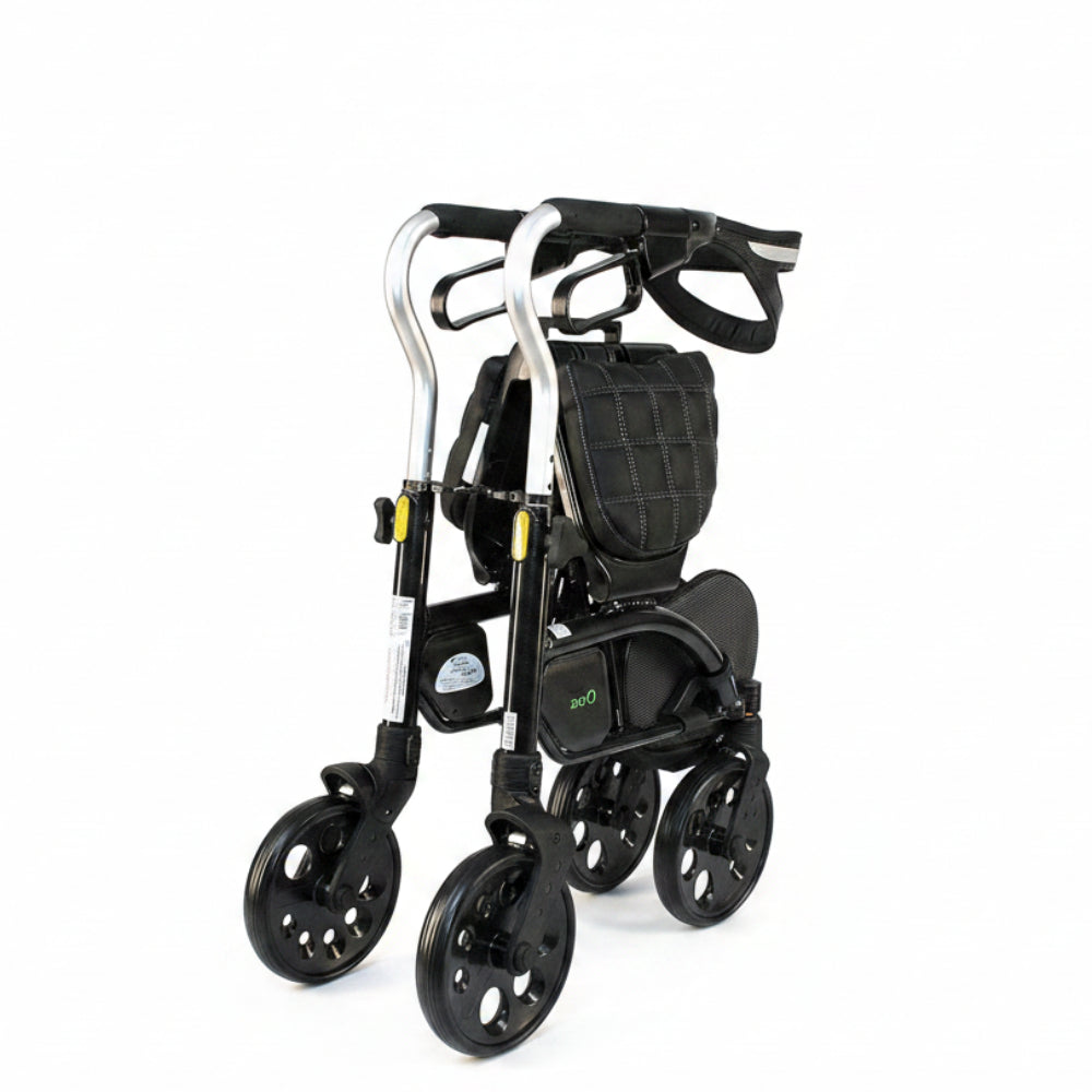 The Evolution Xpresso Zero rollator folded compactly side-to-side in a convenient, self-standing upright position.
