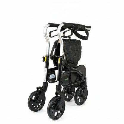 The Evolution Xpresso Zero rollator folded compactly side-to-side in a convenient, self-standing upright position.