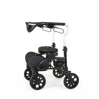 Side profile of the black Evolution Xpresso Zero rollator showing its large wheels and modern center-folding frame design.