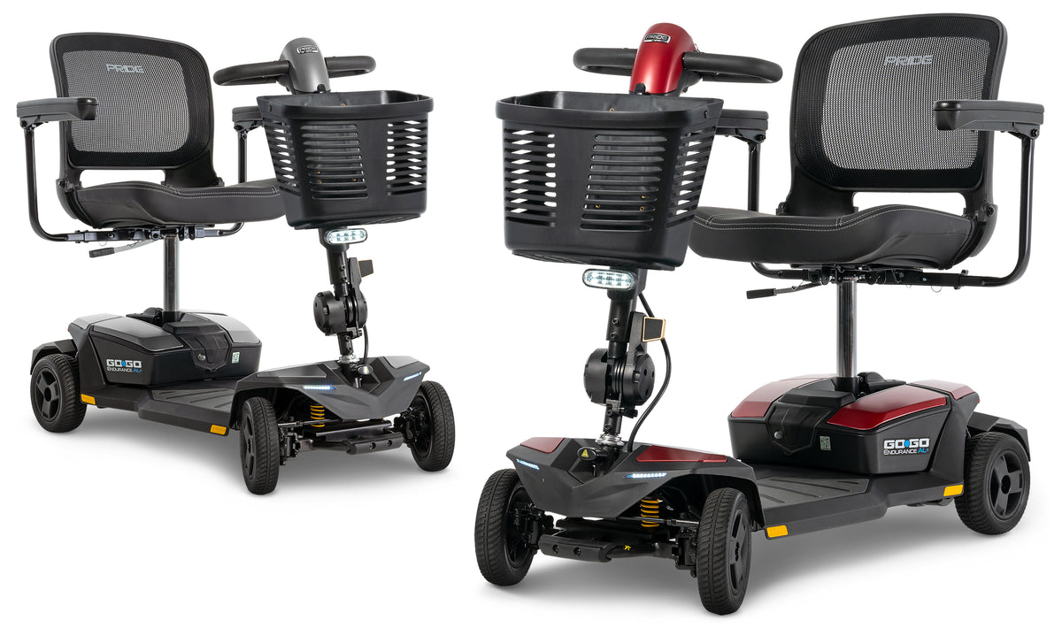 Pride Go Go Endurance AL+ scooters in Euro Grey and Garnet Red, front three-quarter views