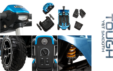 Pride Revo 2.0 mobility scooter shown on outdoor terrain