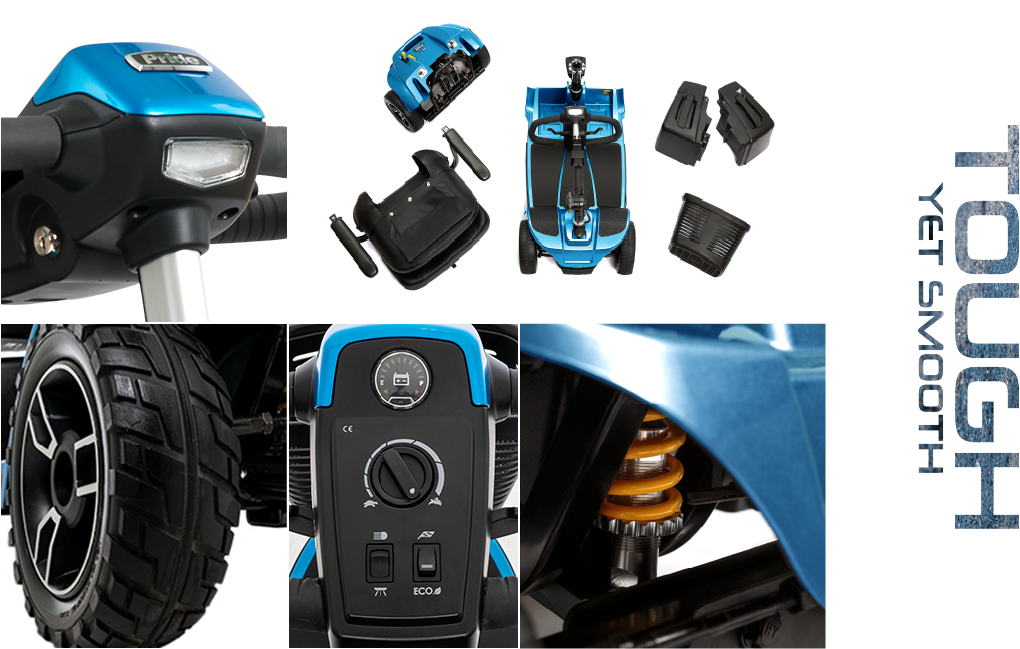 Pride Revo 2.0 feature collage showing the light, disassembly, battery, tire, controls and suspension