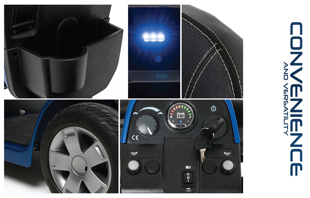 Pride Victory 10.2 scooter details: cup holder, LED light, seat, wheel and tiller controls