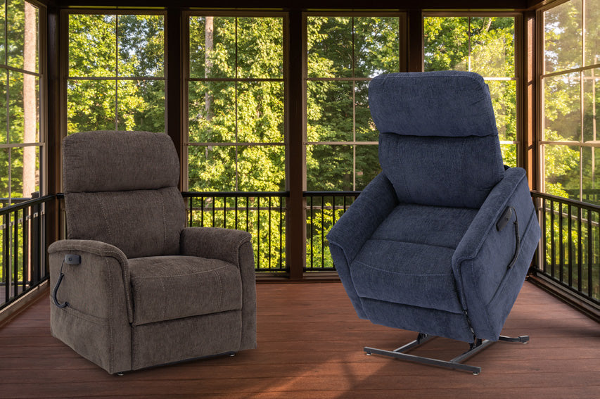 Pride Genesis LC-150 Small in Sophie Latte and Medium in Sophie Sapphire in a sunroom, with the Sapphire chair raised