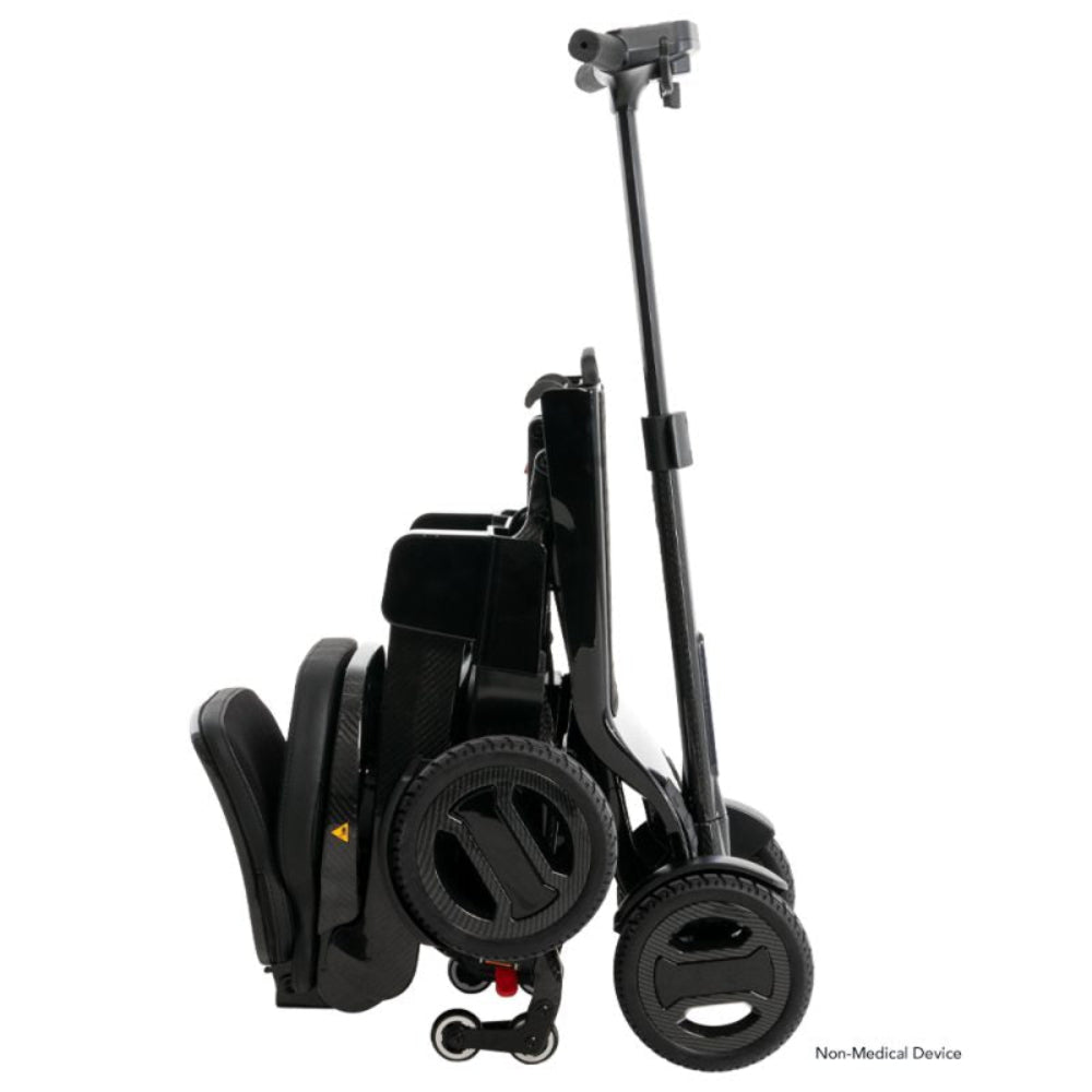 Travel-friendly Go Go Carbon scooter with the tiller folded down for convenient car trunk storage.