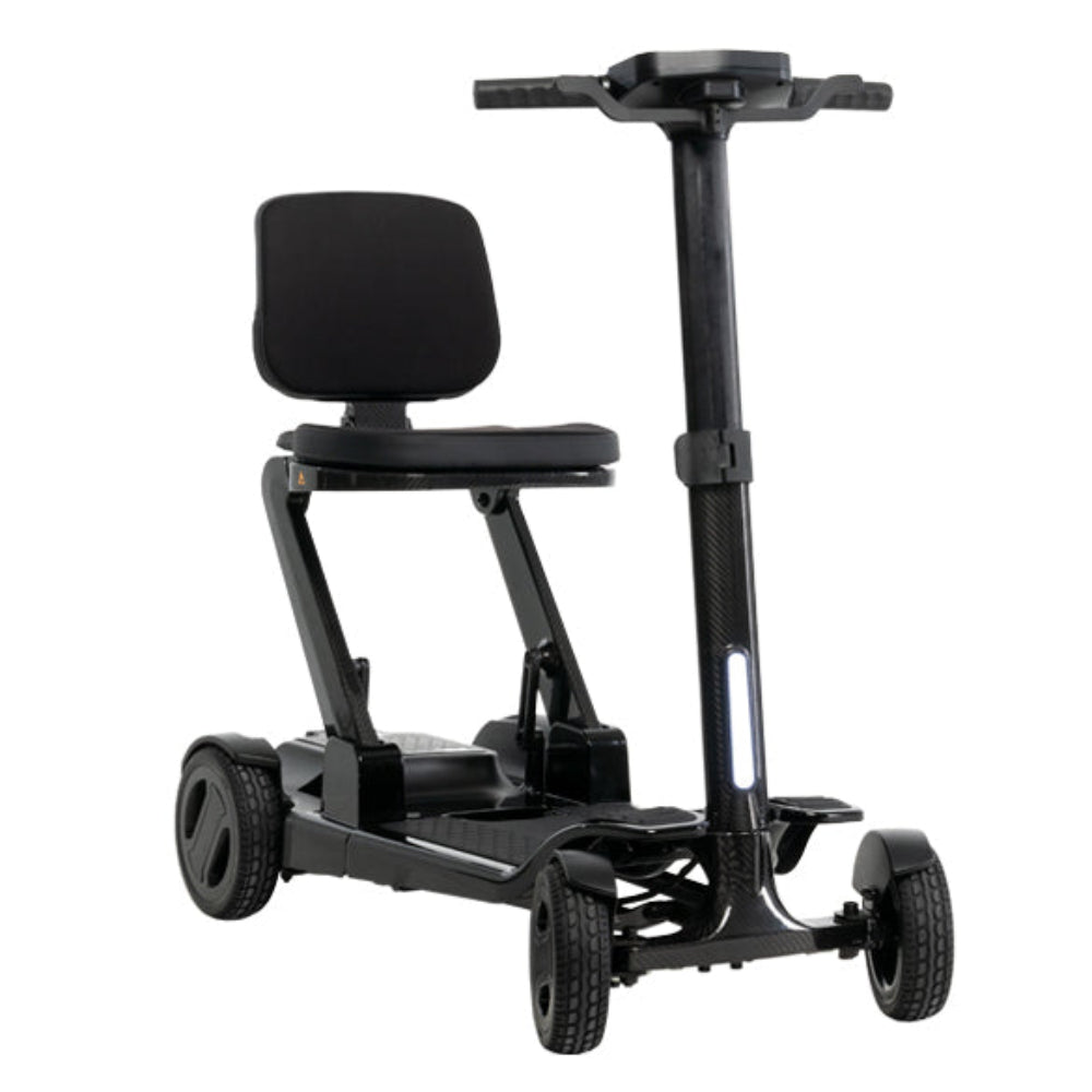 Front angle view of the black Go Go Carbon lightweight carbon fiber mobility scooter by Pride Mobility.