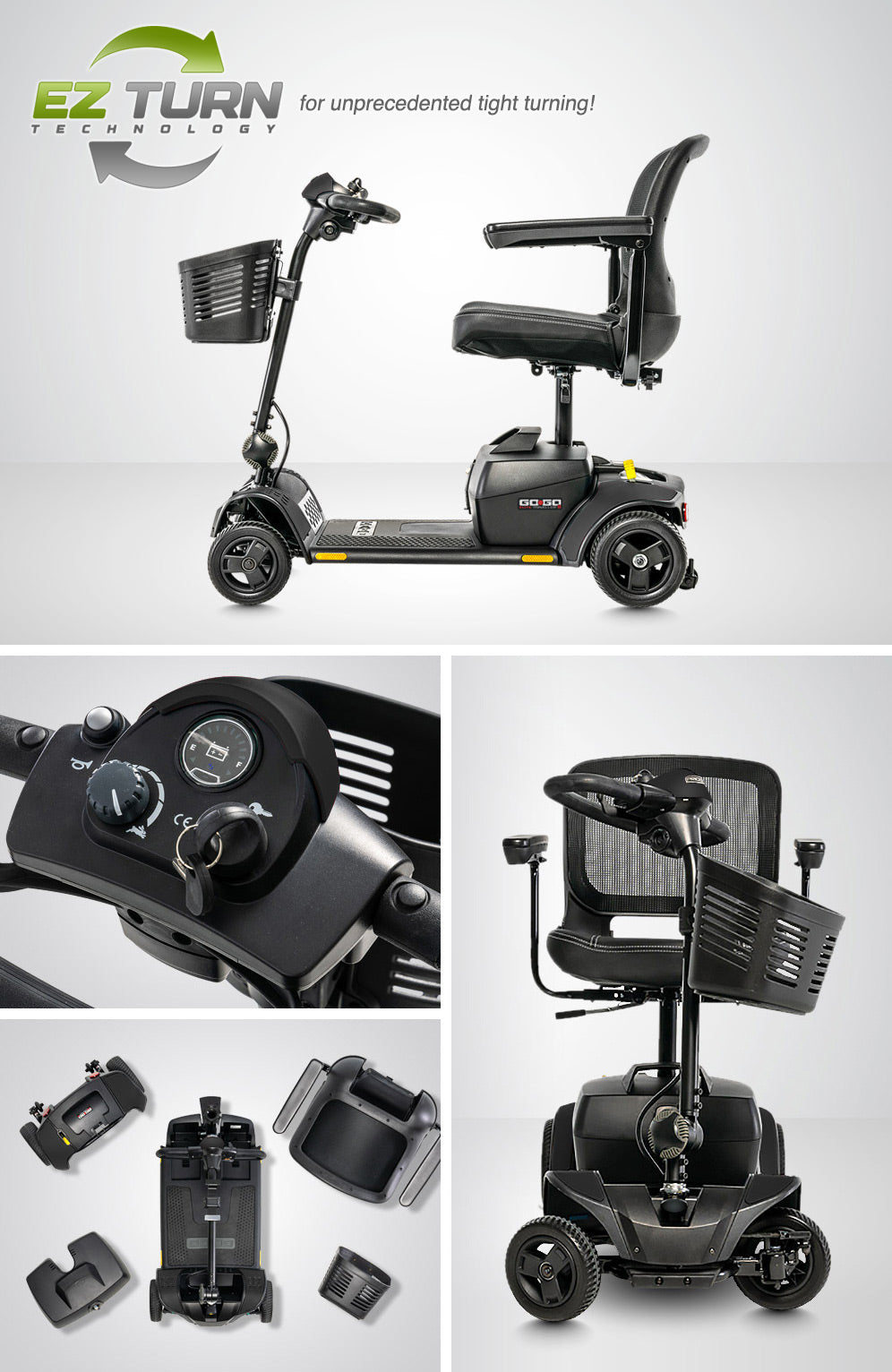 Pride Go-Go Elite Traveller 2 scooter features and disassembled travel pieces