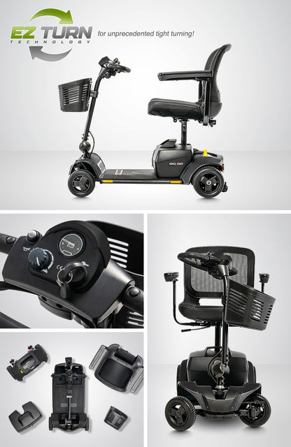 Pride Go-Go Elite Traveller 2 scooter features and disassembled travel pieces