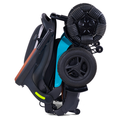 Side view of the Golden Ally Pro electric wheelchair folded compactly into an upright, freestanding position.