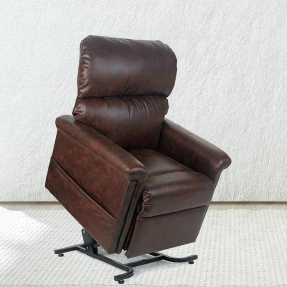The Golden Technologies Austin lift chair placed beautifully in a bright living room setting next to a large window.