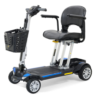 Front-angled view of the compact blue Buzzaround CarryOn folding travel scooter by Golden Technologies.