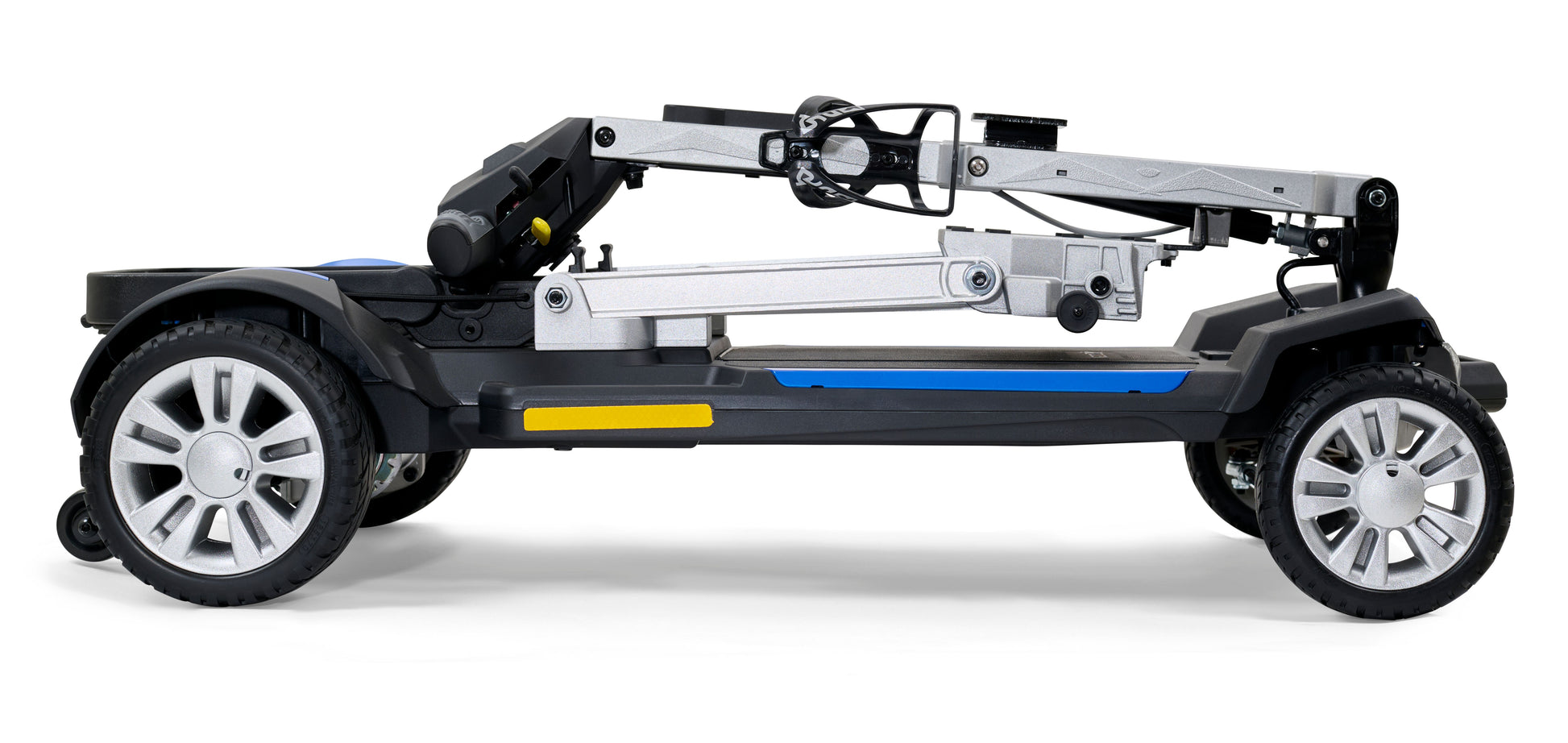 The blue Golden Technologies Buzzaround CarryOn travel scooter folded completely flat for ultra-compact transport and storage.