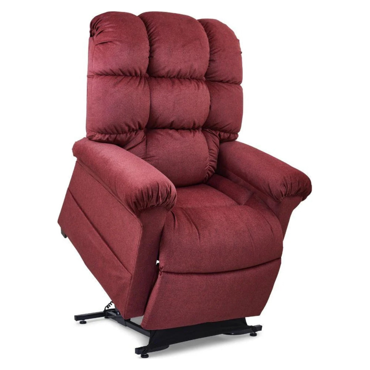 Golden Cloud PR510 lift chair in Tucker Shiraz burgundy, raised to the standing position