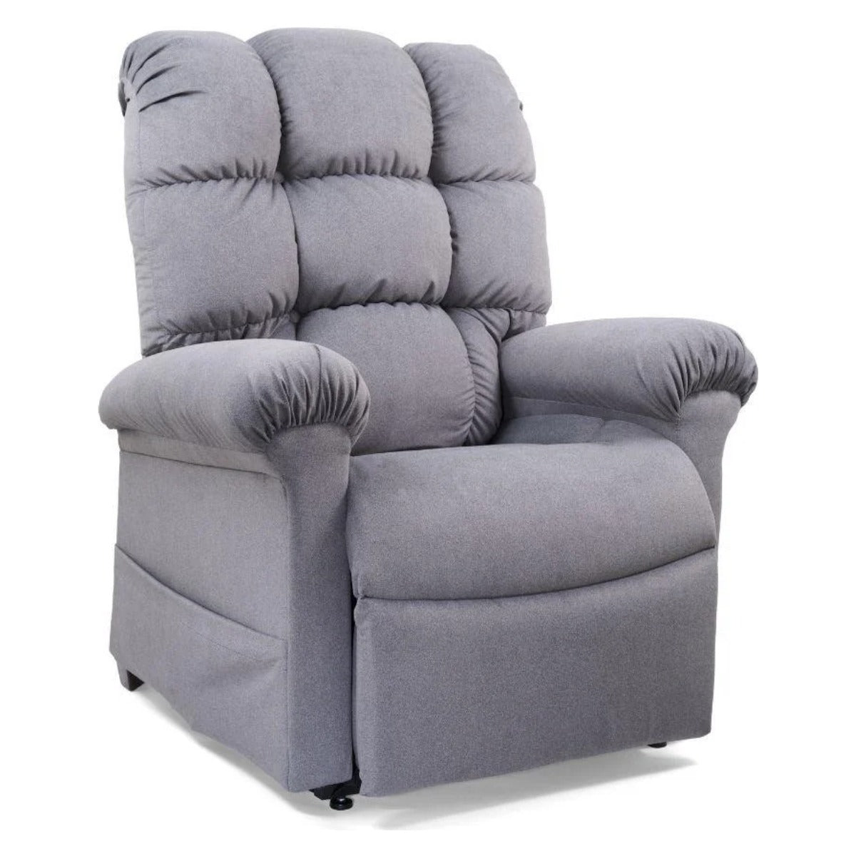 Golden Cloud PR510 lift chair in Tucker Sterling grey, seated upright on a white background
