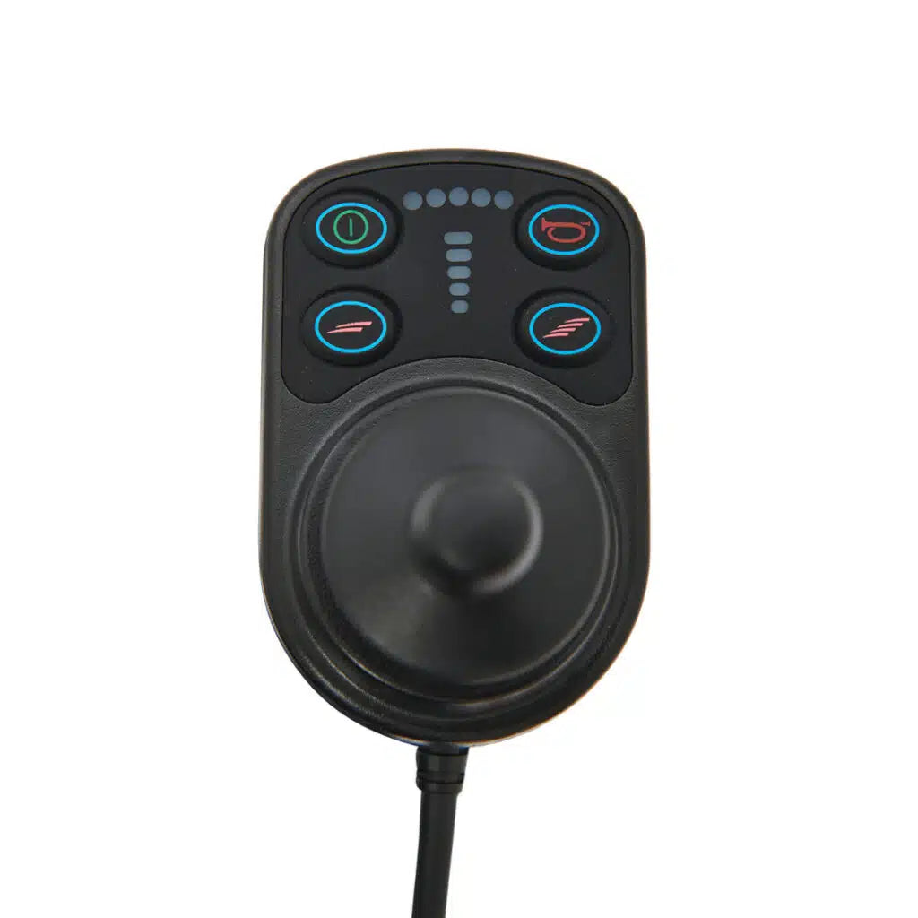 Top-down close-up of the intuitive joystick controller panel on the Golden Cricket GP302, featuring speed controls and a horn.