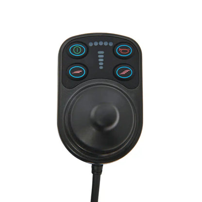 Top-down close-up of the intuitive joystick controller panel on the Golden Cricket GP302, featuring speed controls and a horn.