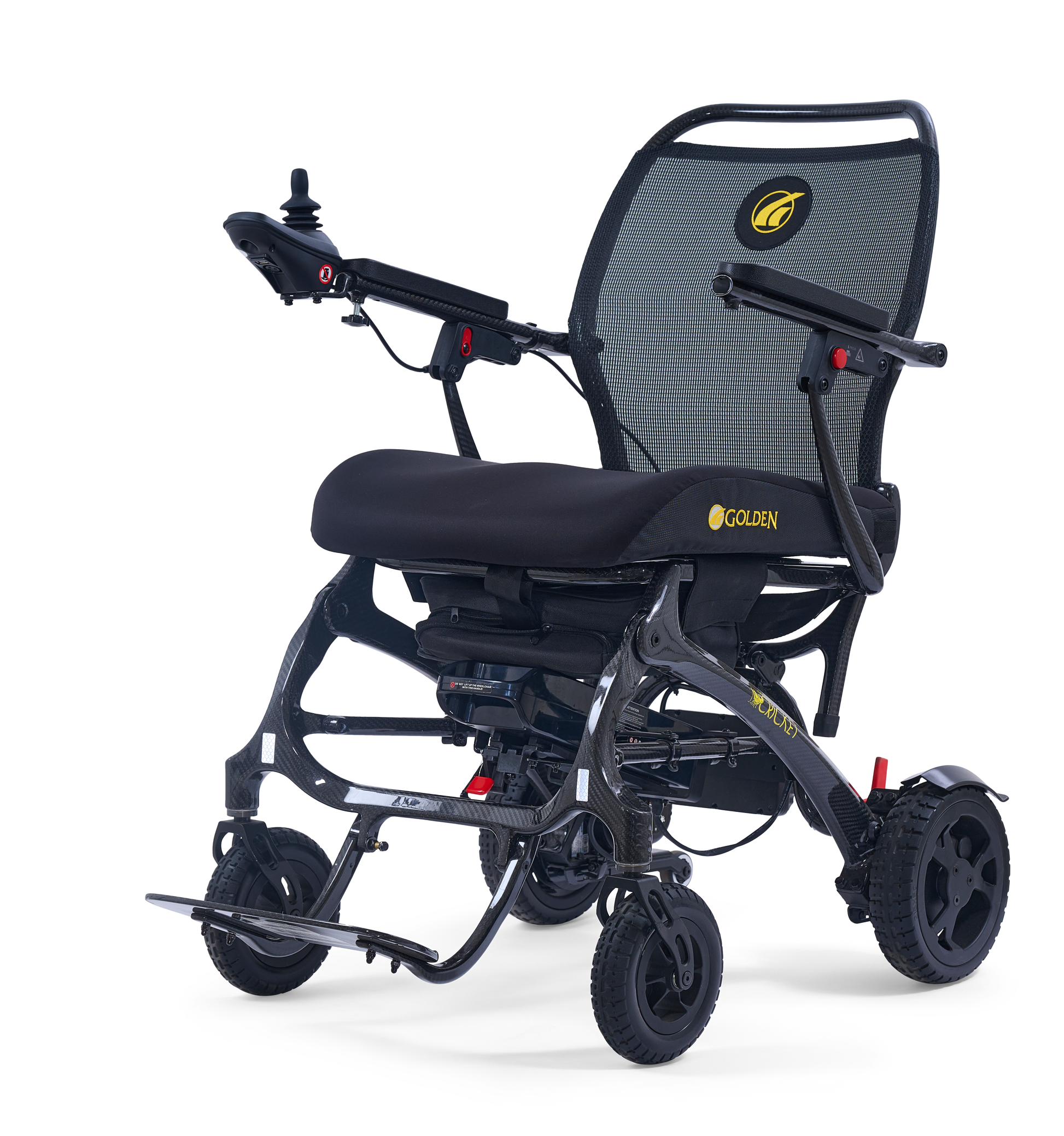 Golden Cricket GP302 carbon-fibre folding power wheelchair, front-right three-quarter view on white