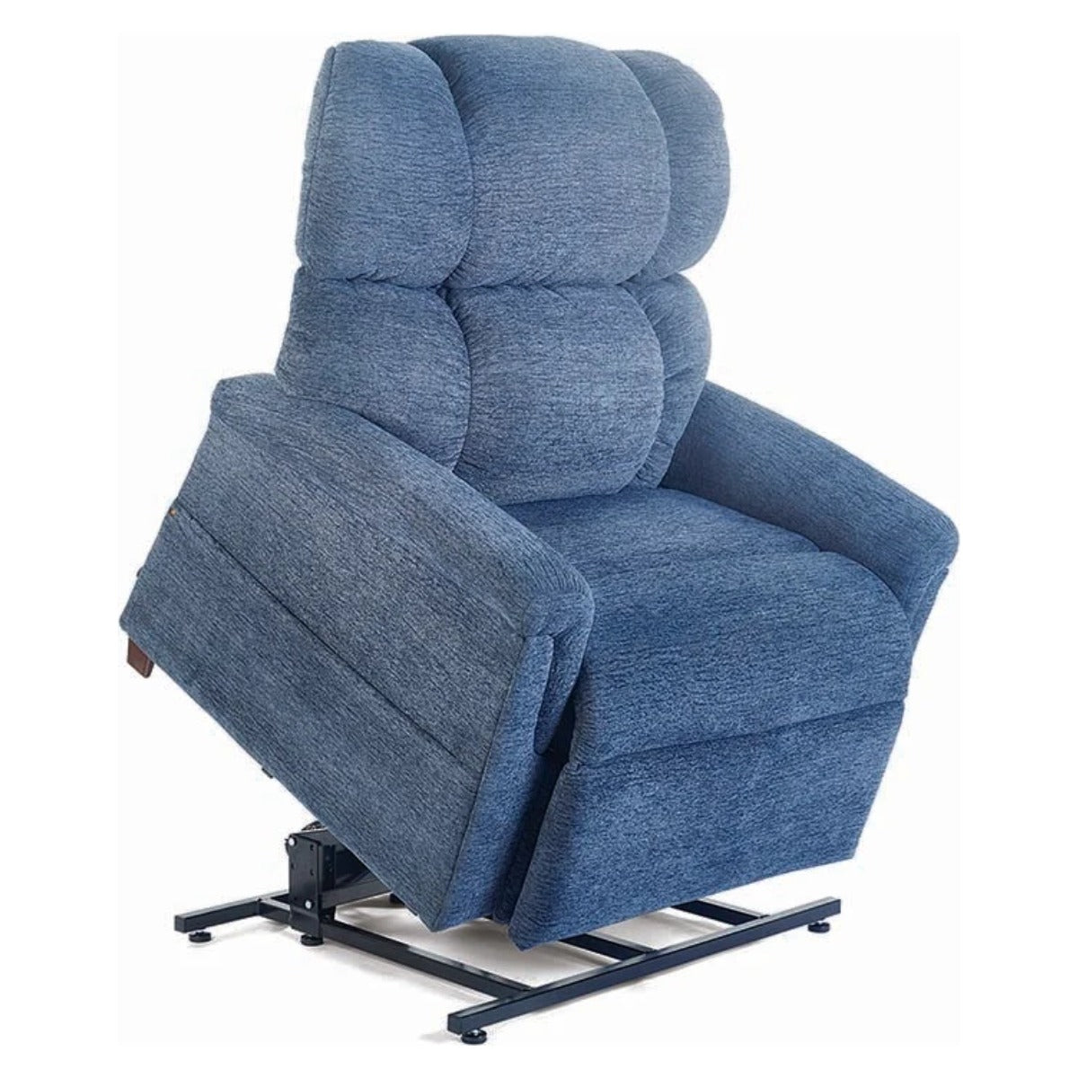 Golden MaxiComforter PR535 lift chair in Oxford blue, raised to the standing position