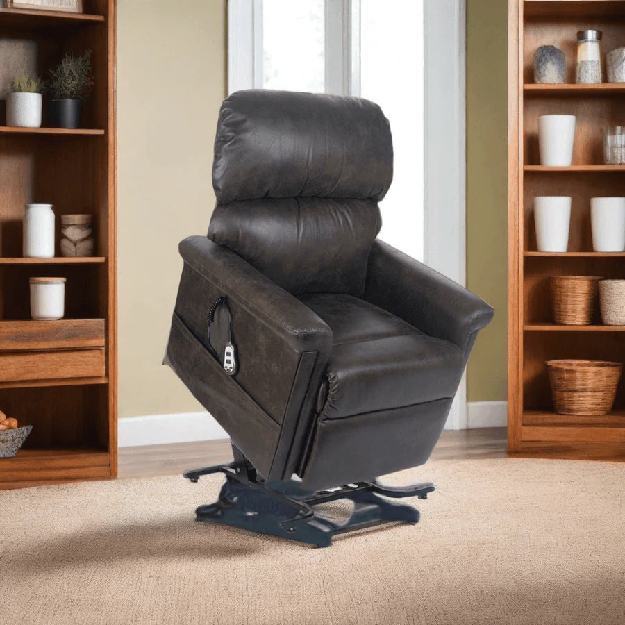 The Golden Technologies Austin UC342 lift recliner shown in a cozy home environment next to a wooden bookshelf.