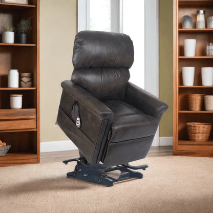The Golden Technologies Austin UC342 lift recliner shown in a cozy home environment next to a wooden bookshelf.