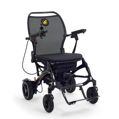 Angled front view of the ultra-light Golden Technologies Cricket GP302 carbon fiber folding power wheelchair in black.