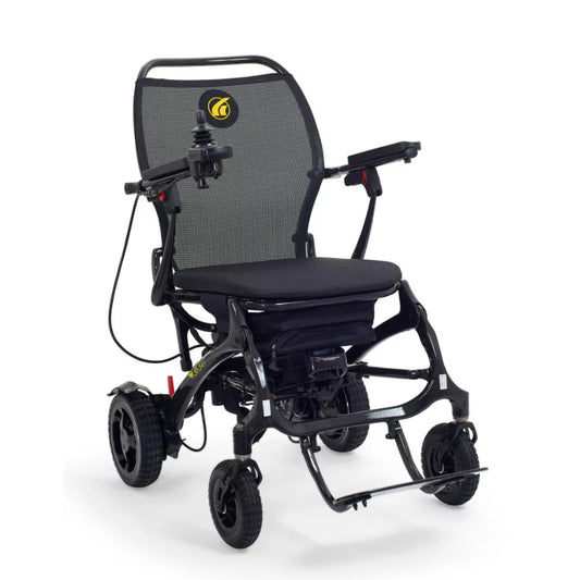 Angled front view of the ultra-light Golden Technologies Cricket GP302 carbon fiber folding power wheelchair in black.