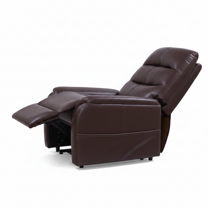 Side view of the Golden Technologies Elara PL118MSM lift chair in rich umber, shown in a fully reclined position for maximum comfort.