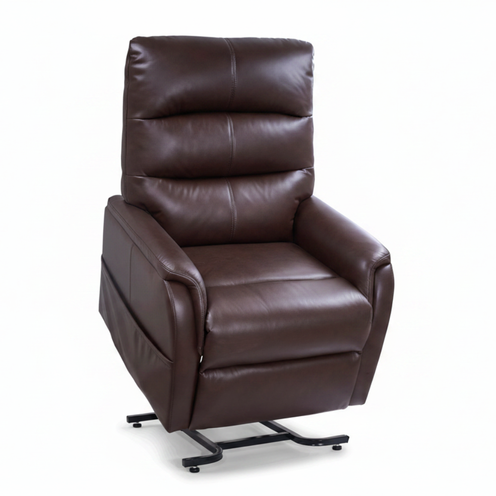 Angled front view of the Golden Technologies Elara lift recliner in umber, demonstrating the helpful forward lift assist feature.