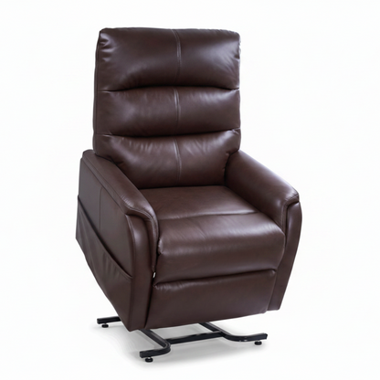Angled front view of the Golden Technologies Elara lift recliner in umber, demonstrating the helpful forward lift assist feature.