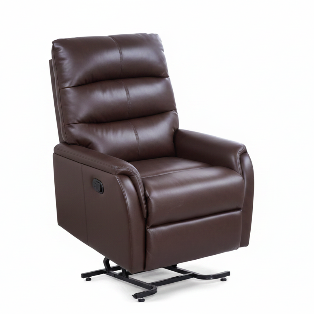 Front view of the umber Golden Technologies Elara power recliner in the elevated lift position to safely assist users with standing.