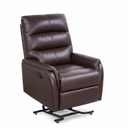 Front view of the umber Golden Technologies Elara power recliner in the elevated lift position to safely assist users with standing.