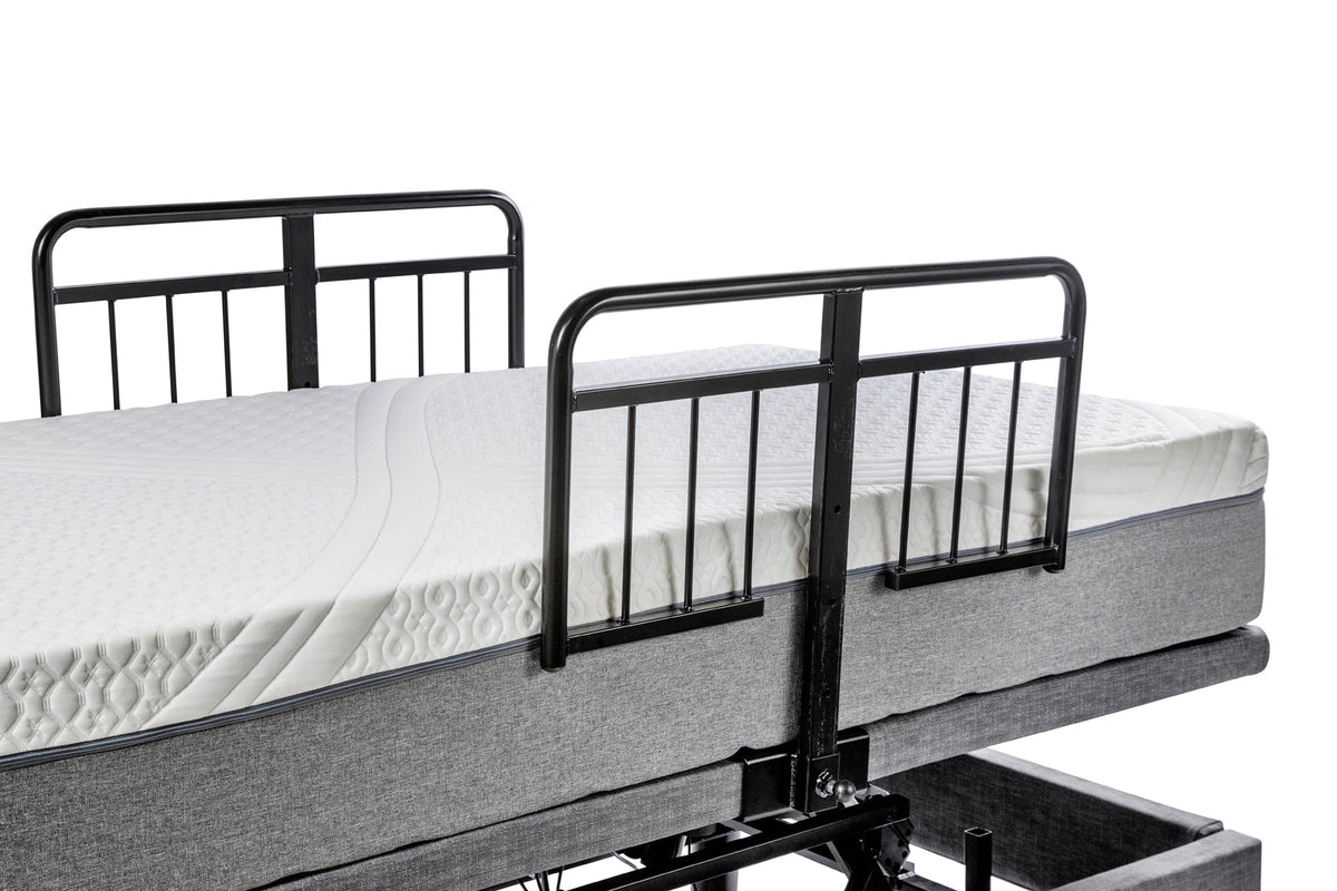 Harmony Hi-Low side rail mounted on the adjustable bed base beside the mattress, black half length bed rail