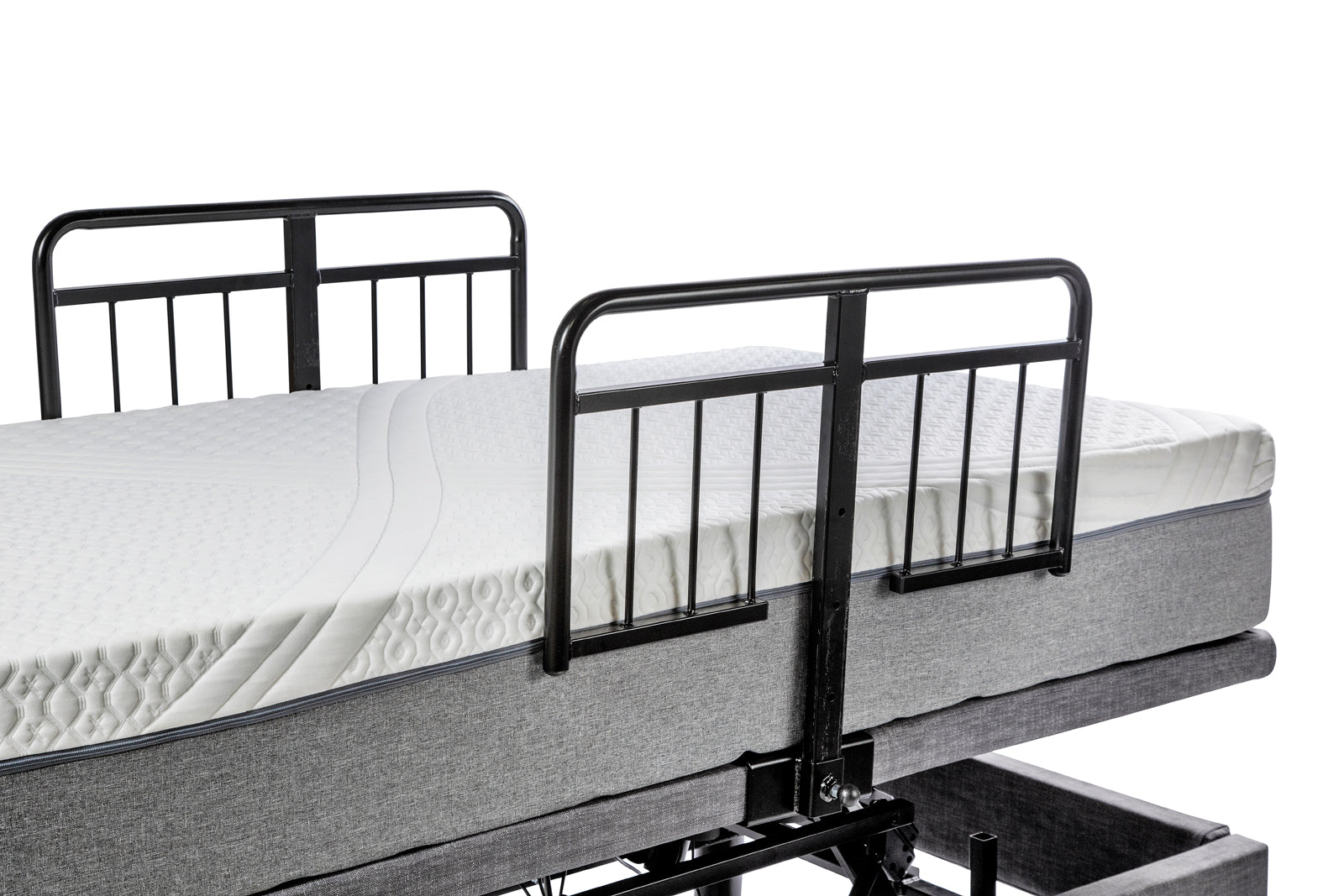 Harmony Hi-Low side rail mounted on the adjustable bed base beside the mattress, black half length bed rail