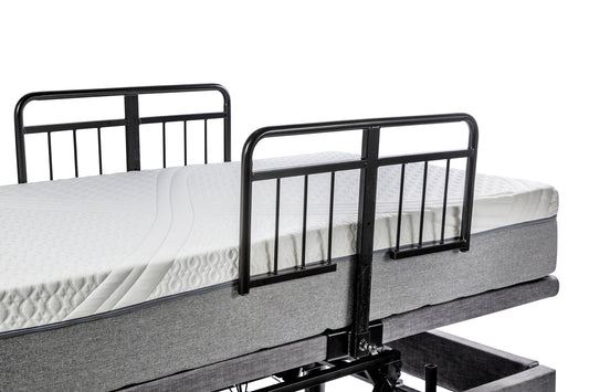 Harmony Hi-Low side rail mounted on the adjustable bed base beside the mattress, black half length bed rail