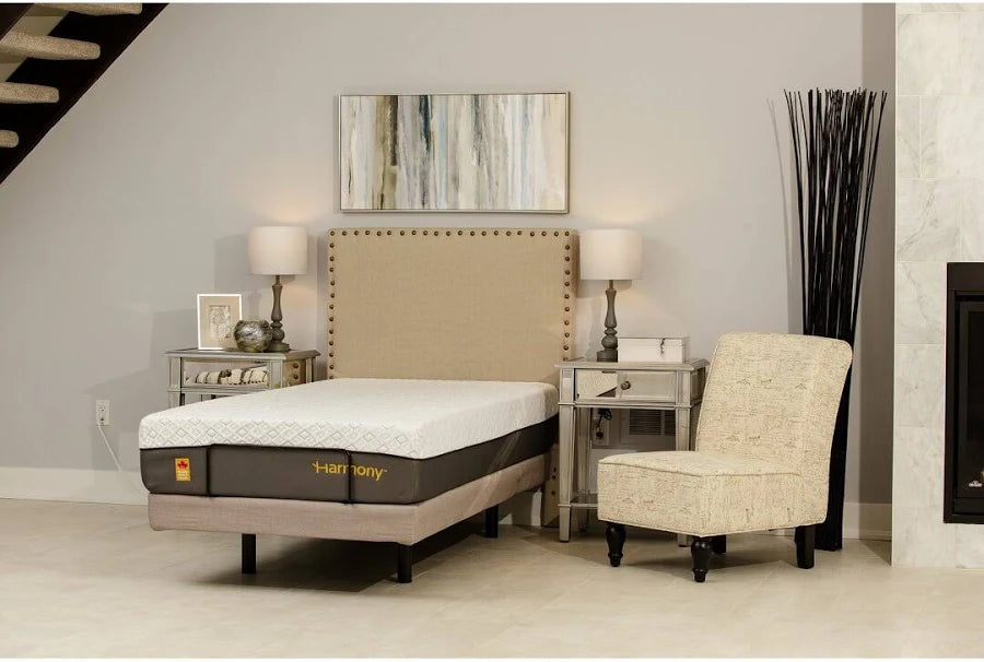 The Harmony Relax memory foam mattress laying completely flat in a beautifully styled modern bedroom setting.