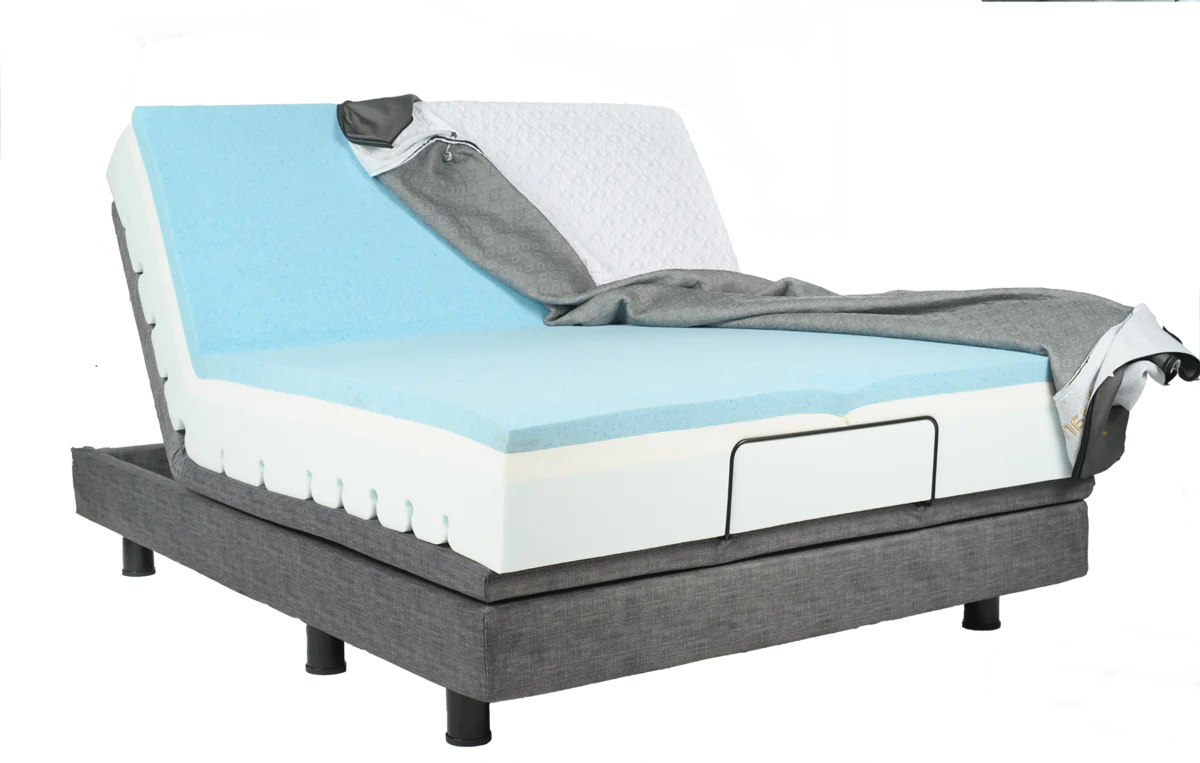 Side view of the flexible Harmony Relax mattress perfectly adapting to a zero-gravity position on a power foundation.