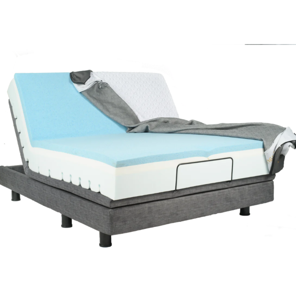 Side view of the flexible Harmony Relax mattress perfectly adapting to a zero-gravity position on a power foundation.