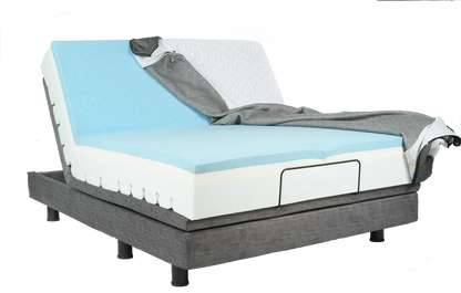 Side view of the flexible Harmony Relax mattress perfectly adapting to a zero-gravity position on a power foundation.