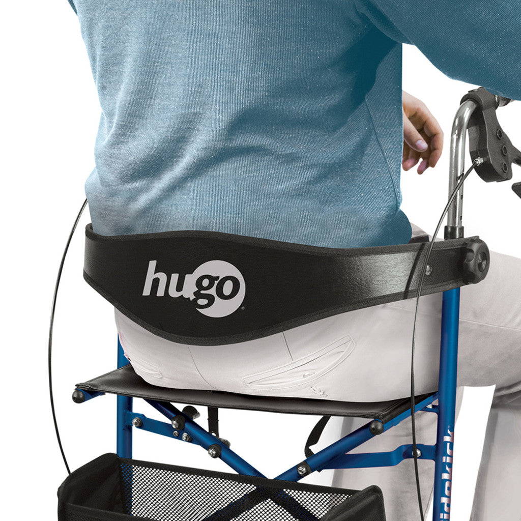 Rear angle of the Hugo Sidekick mobility walker highlighting the under-seat storage basket.