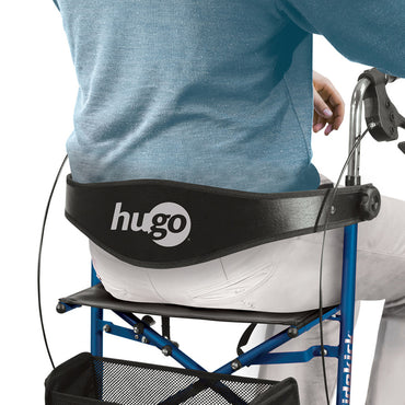 Rear angle of the Hugo Sidekick mobility walker highlighting the under-seat storage basket.