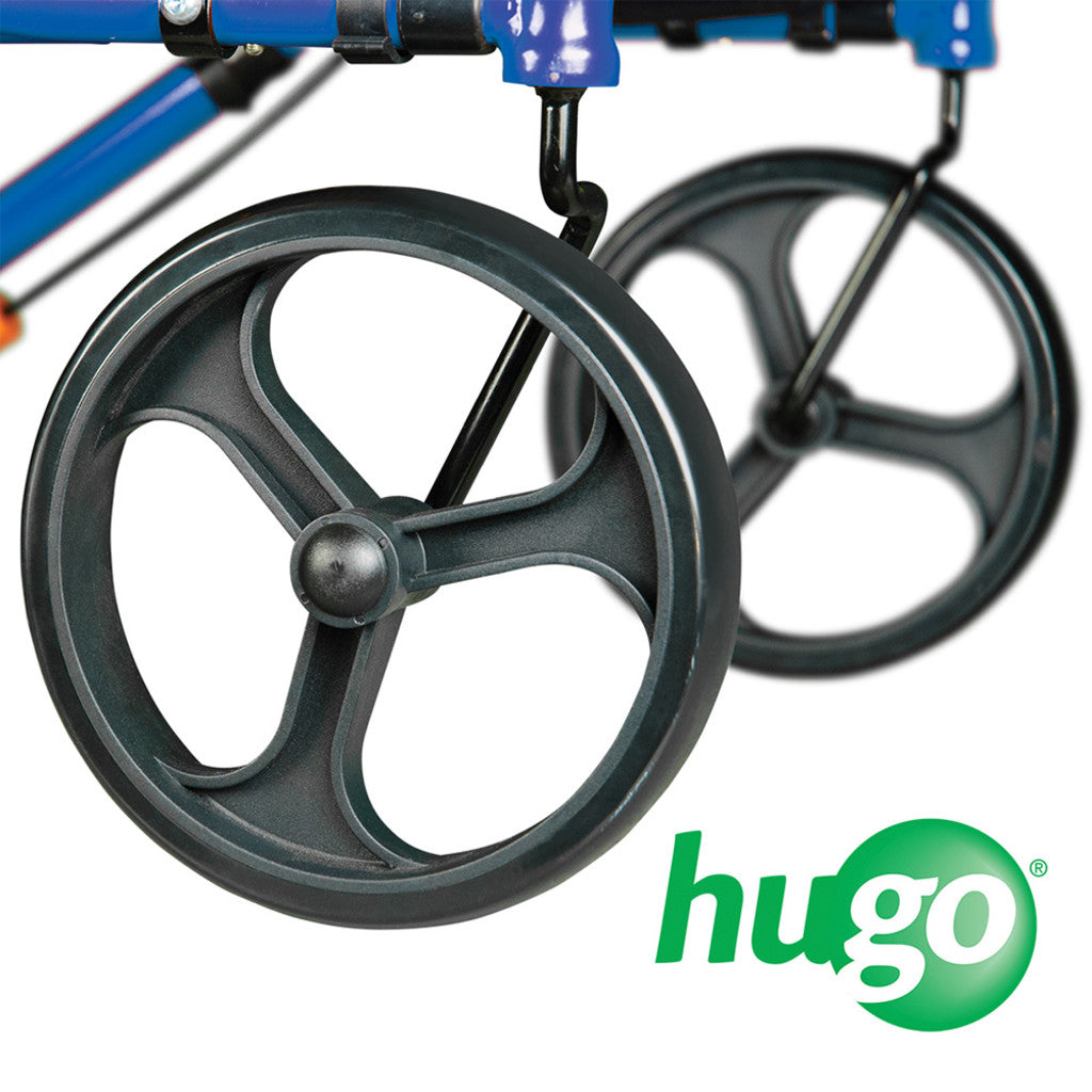 Extra-large front wheels on the Hugo Sidekick walker designed for indoor and outdoor maneuverability in Canada.